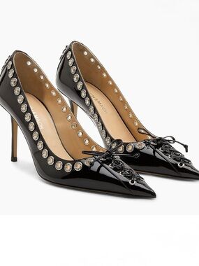 MACH & MACH Black Patent Leather Crystal Embellished Pumps + Bag & Box NEW 35.5